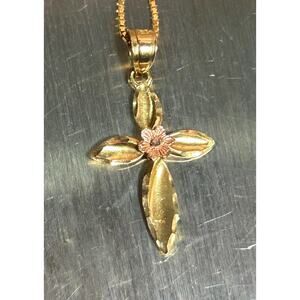 Vintage 14k solid yellow gold rode gold flower cross pendant chain necklace 18”